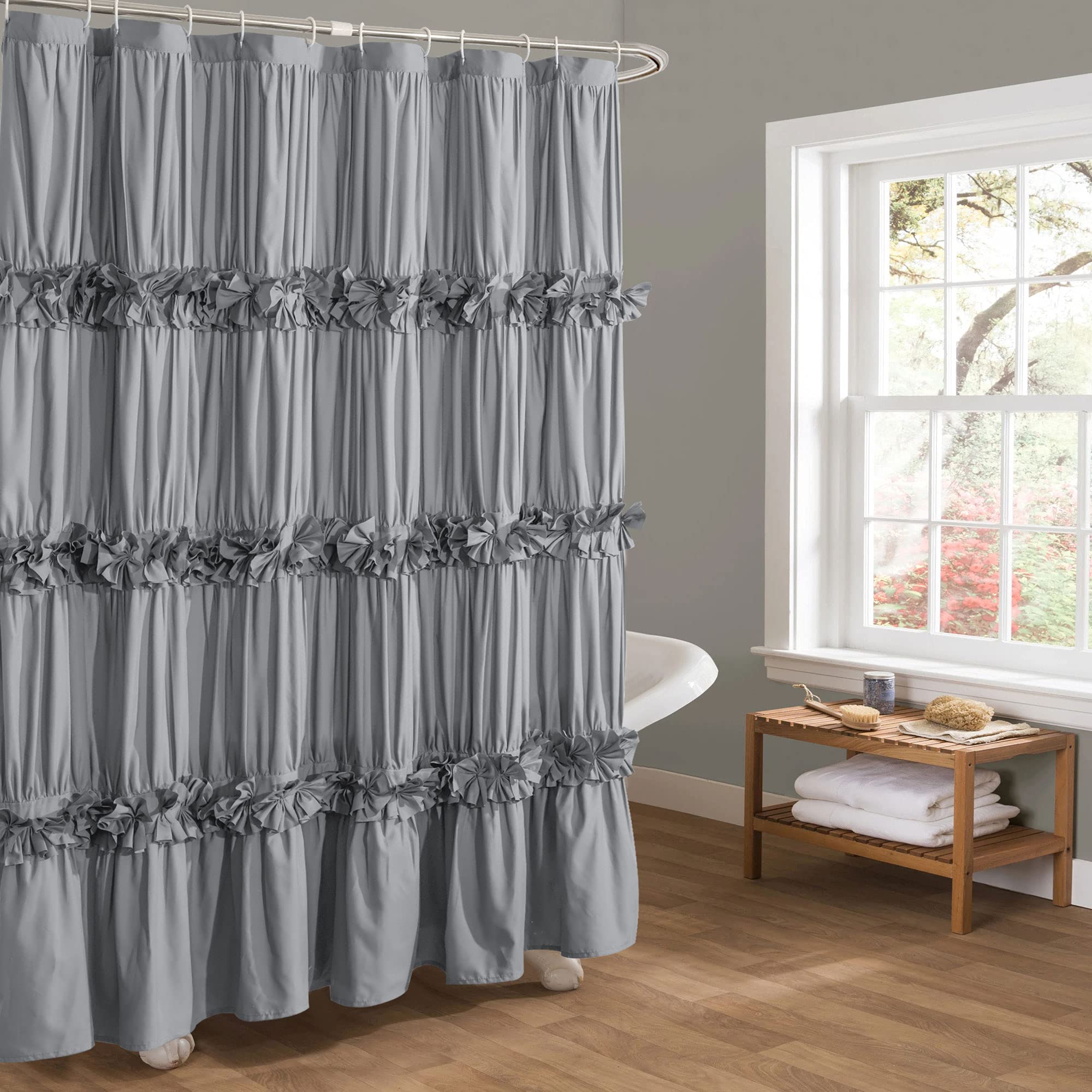 Homechoice Decor front view of gray ruffle shower curtain adding vintage elegance