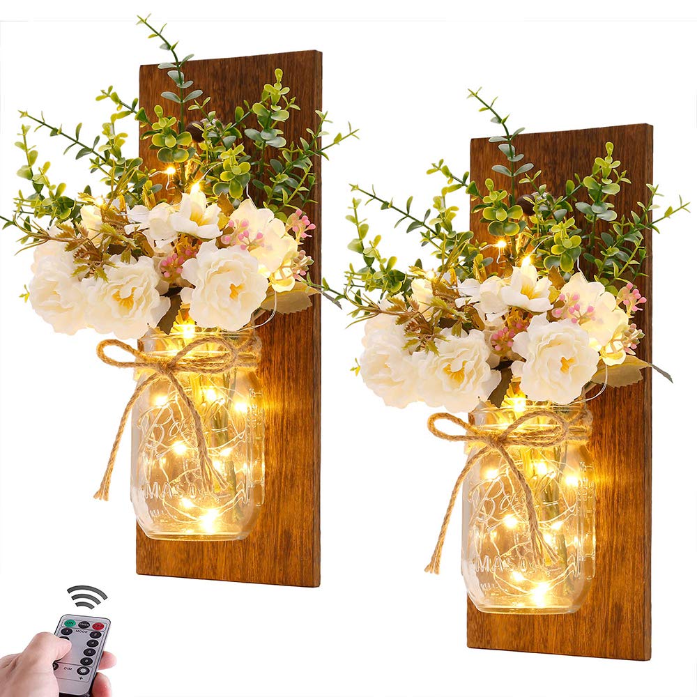 Homecor front view showing two hanging mason jar sconces and warm glow