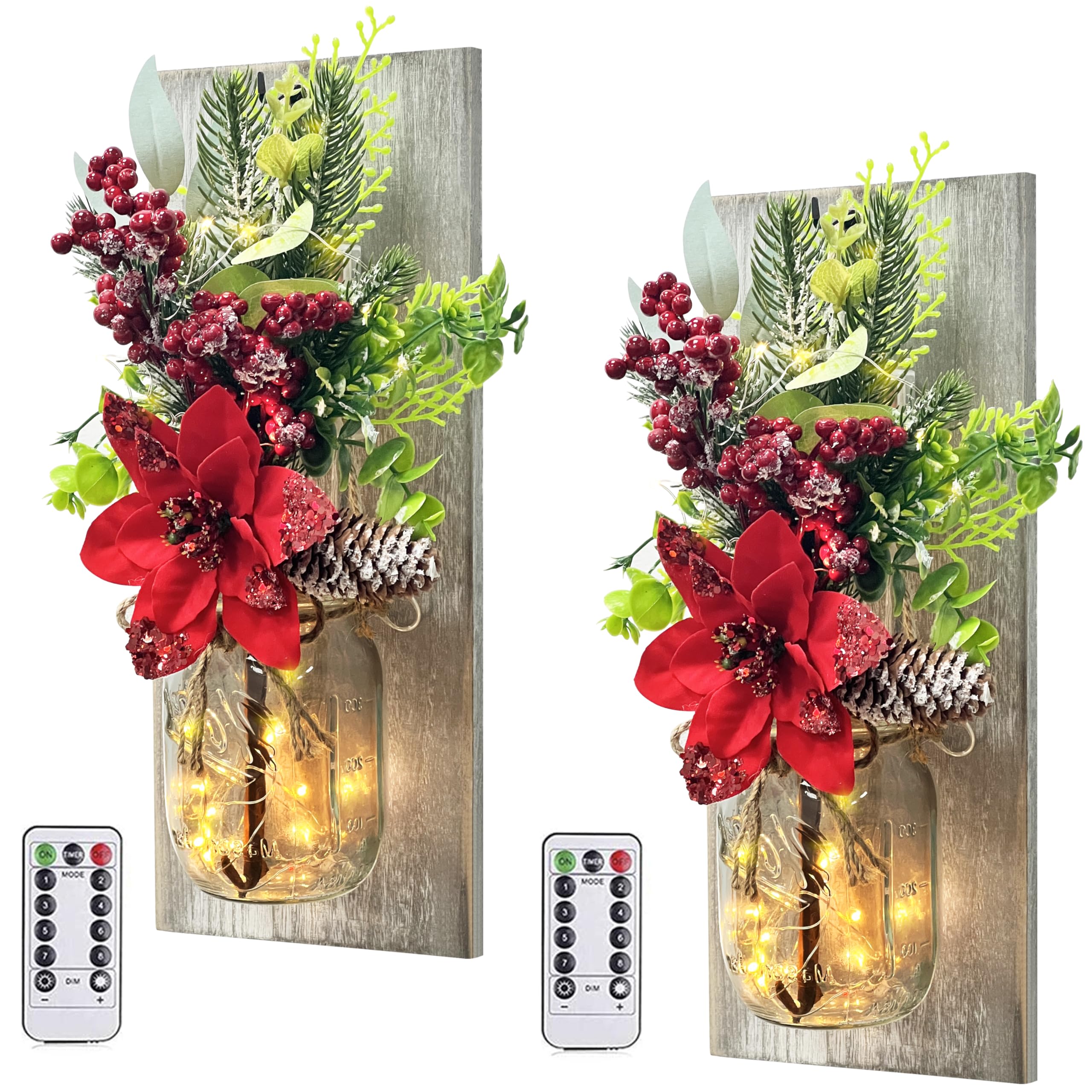 Homecor front view of two mason jar sconces showing warm LED glow and rustic style