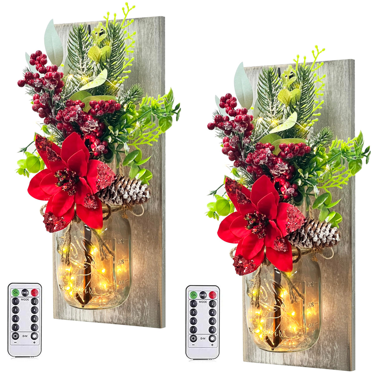 Homecor front view of two mason jar sconces showing warm LED glow and rustic style