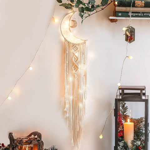 Homecor moon dreamcatcher lit with LEDs creating warm ambience
