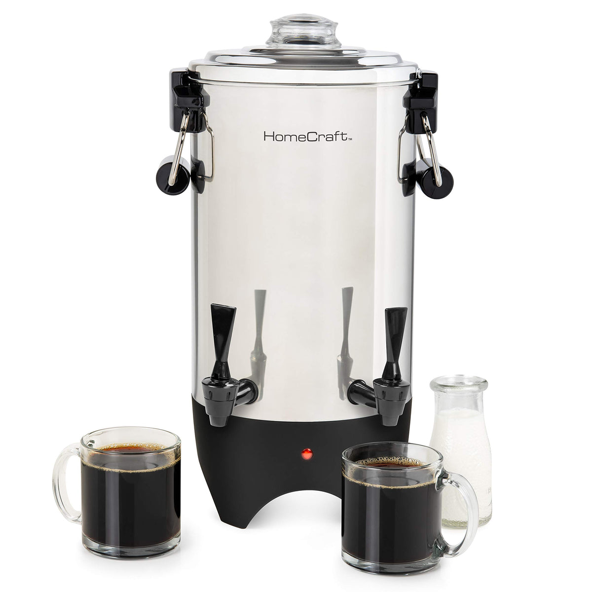 HomeCraft front view of coffee urn showing polished finish and capacity benefit