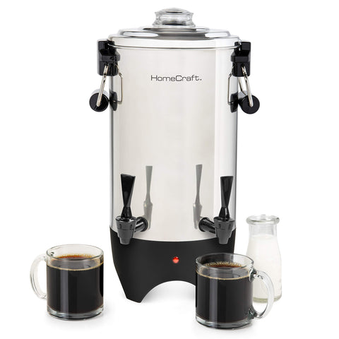 HomeCraft front view of coffee urn showing polished finish and capacity benefit