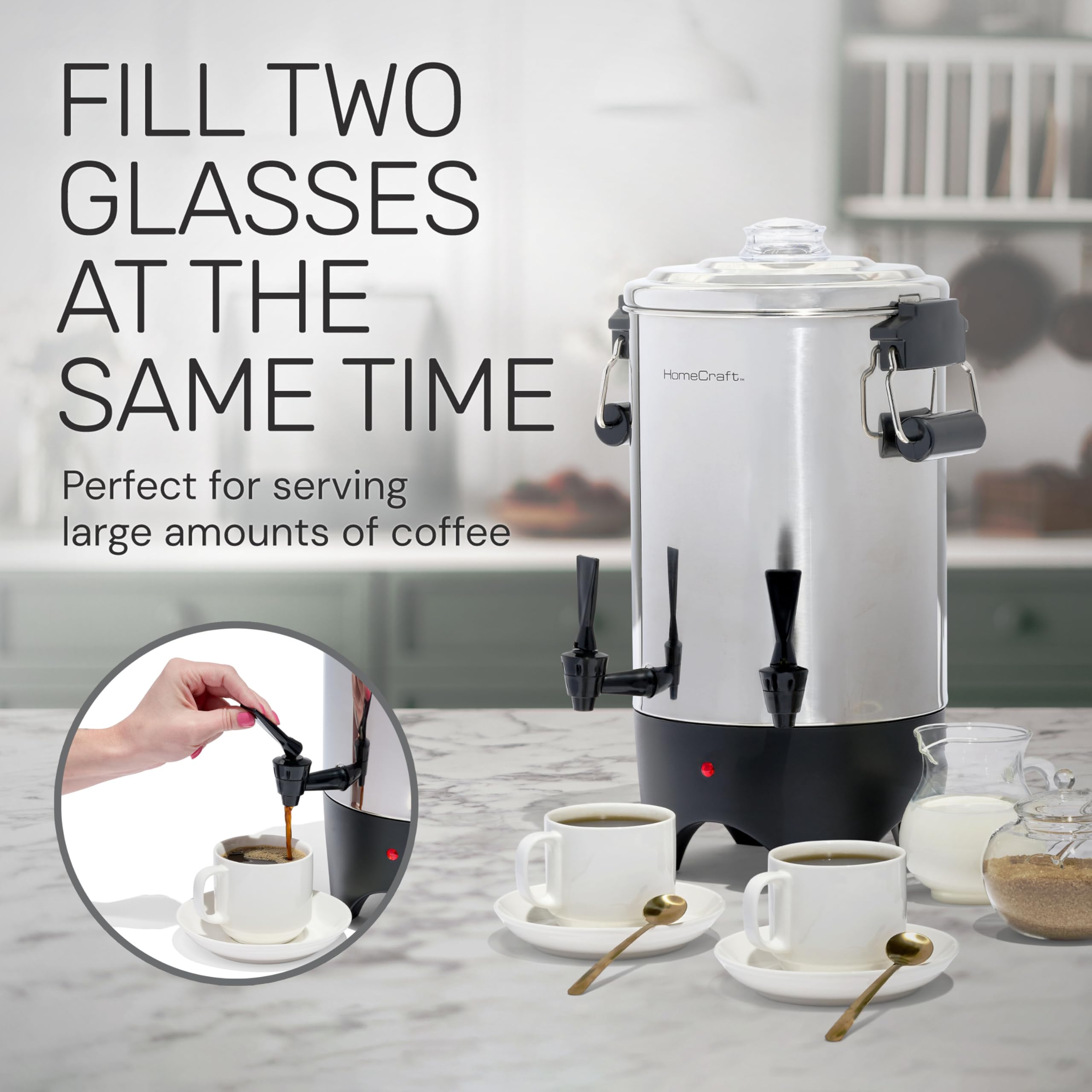 HomeCraft pouring into a cup showing dual-spigot speed and serving convenience