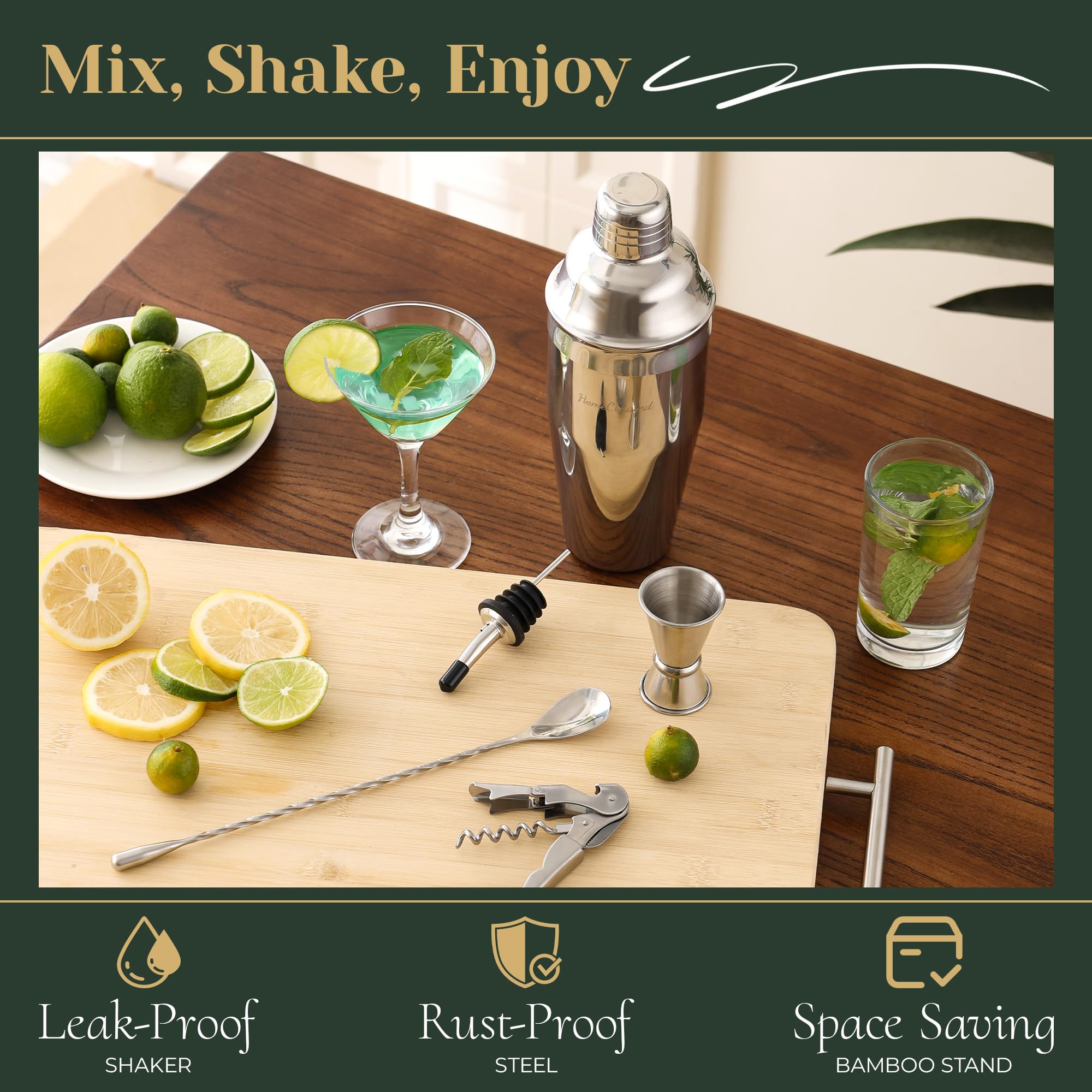 HomeCurated pouring cocktail from shaker to glass demonstrating easy professional use