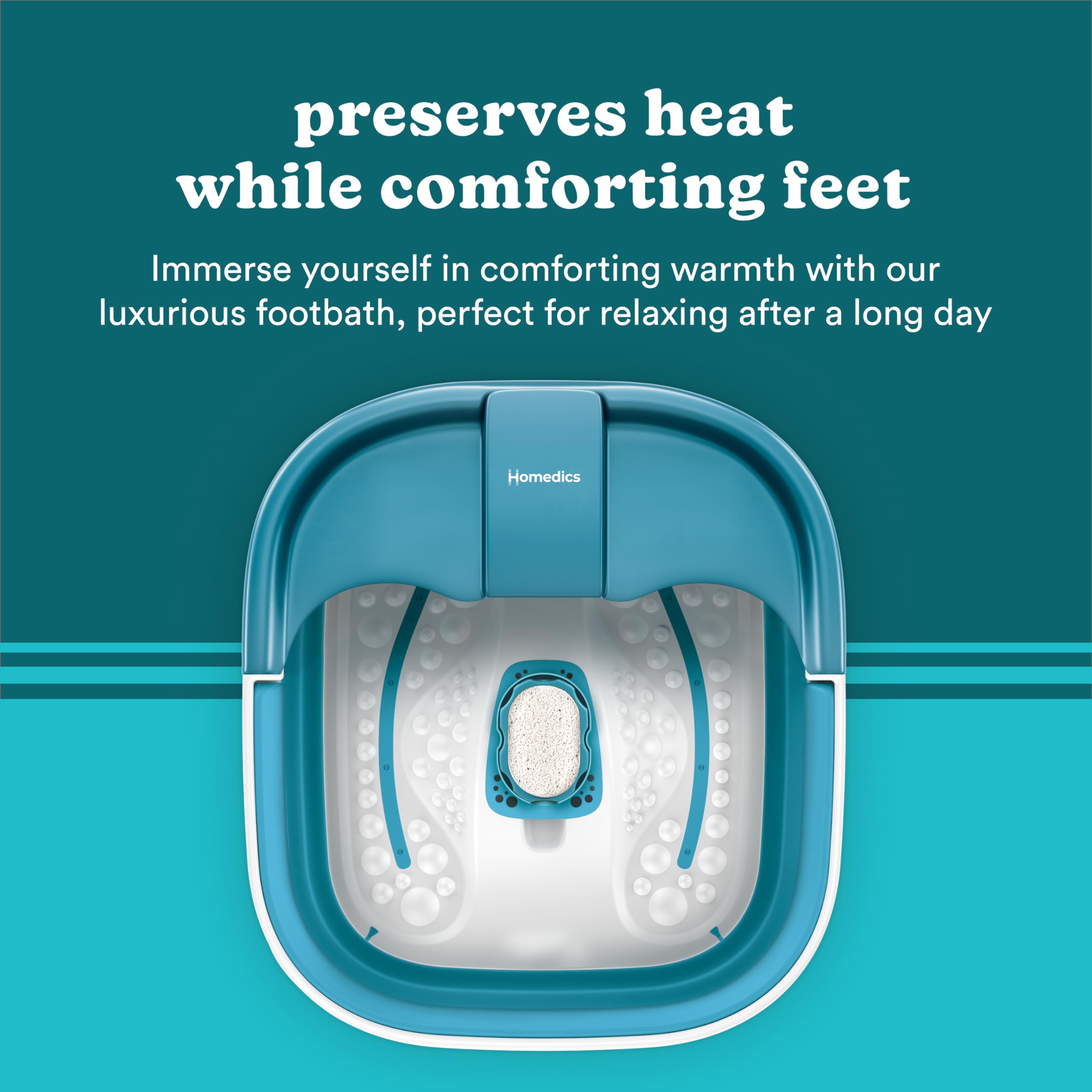 Homedics in use with feet soaking highlighting relaxing bubble action
