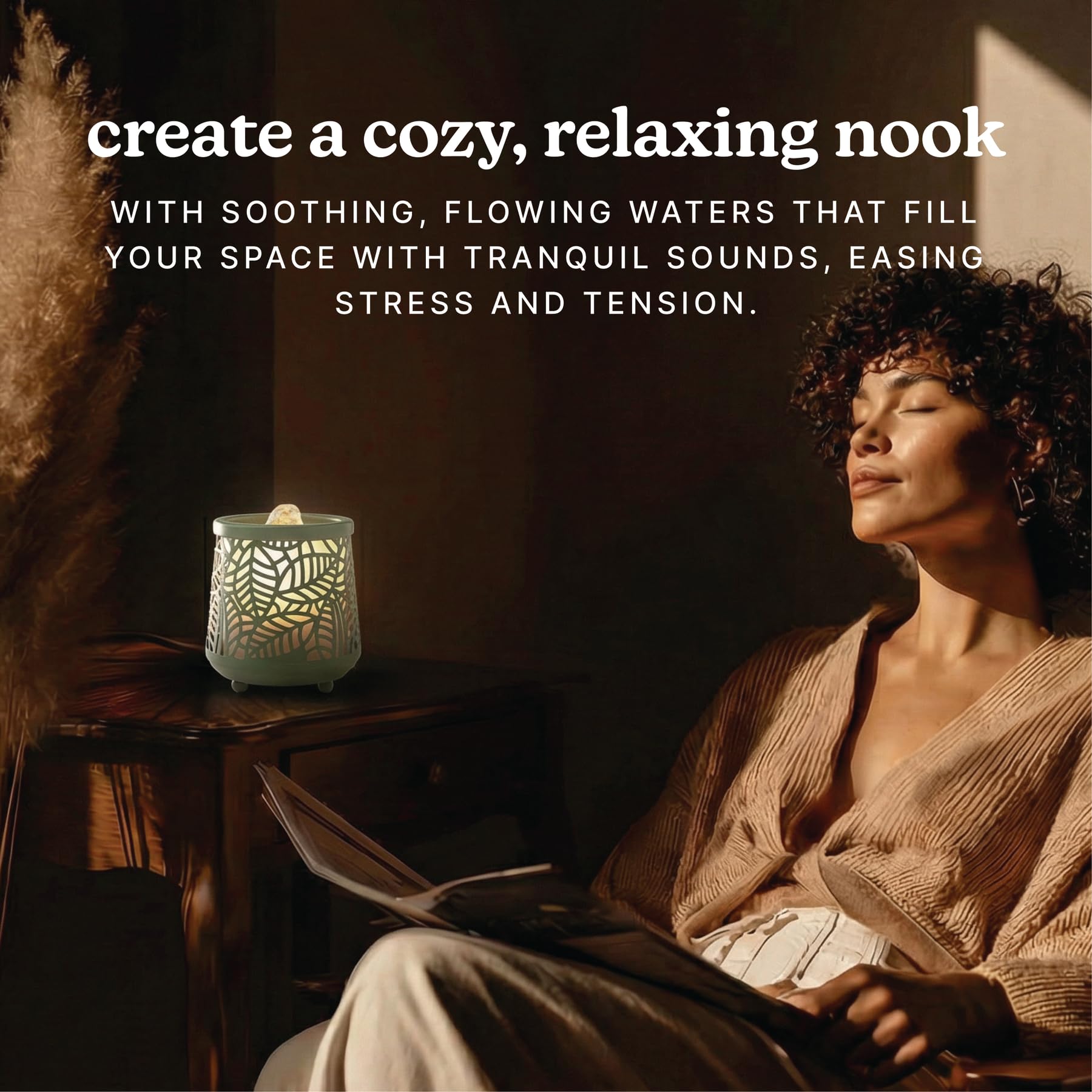 Homedics fountain beside coffee mug showing compact tabletop scale