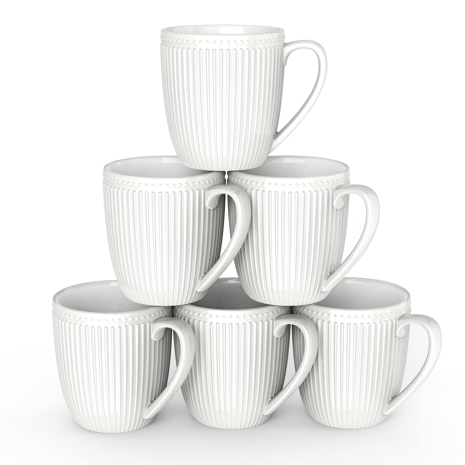 HomeElves front view of white mug showing minimalist embossed design and durability