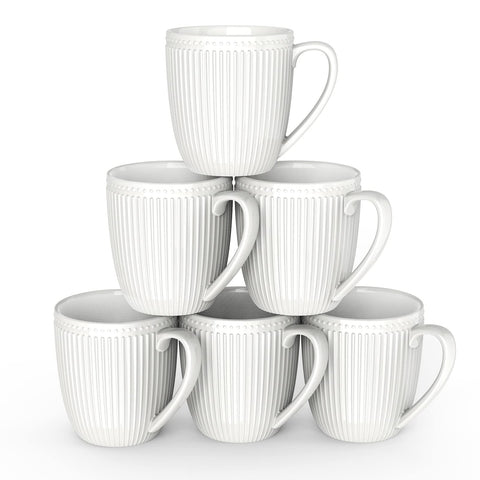 HomeElves front view of white mug showing minimalist embossed design and durability