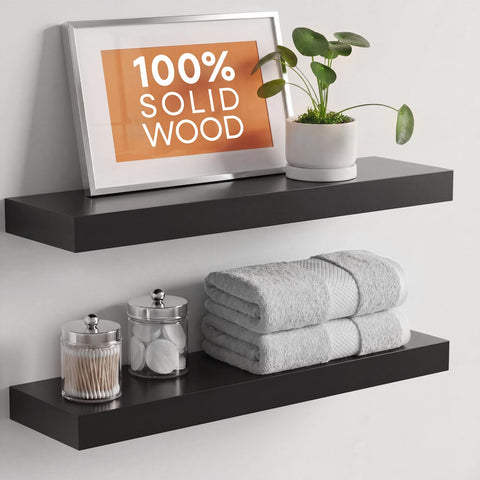 Homeforia front view of two matte-black shelves showing clean built-in benefit