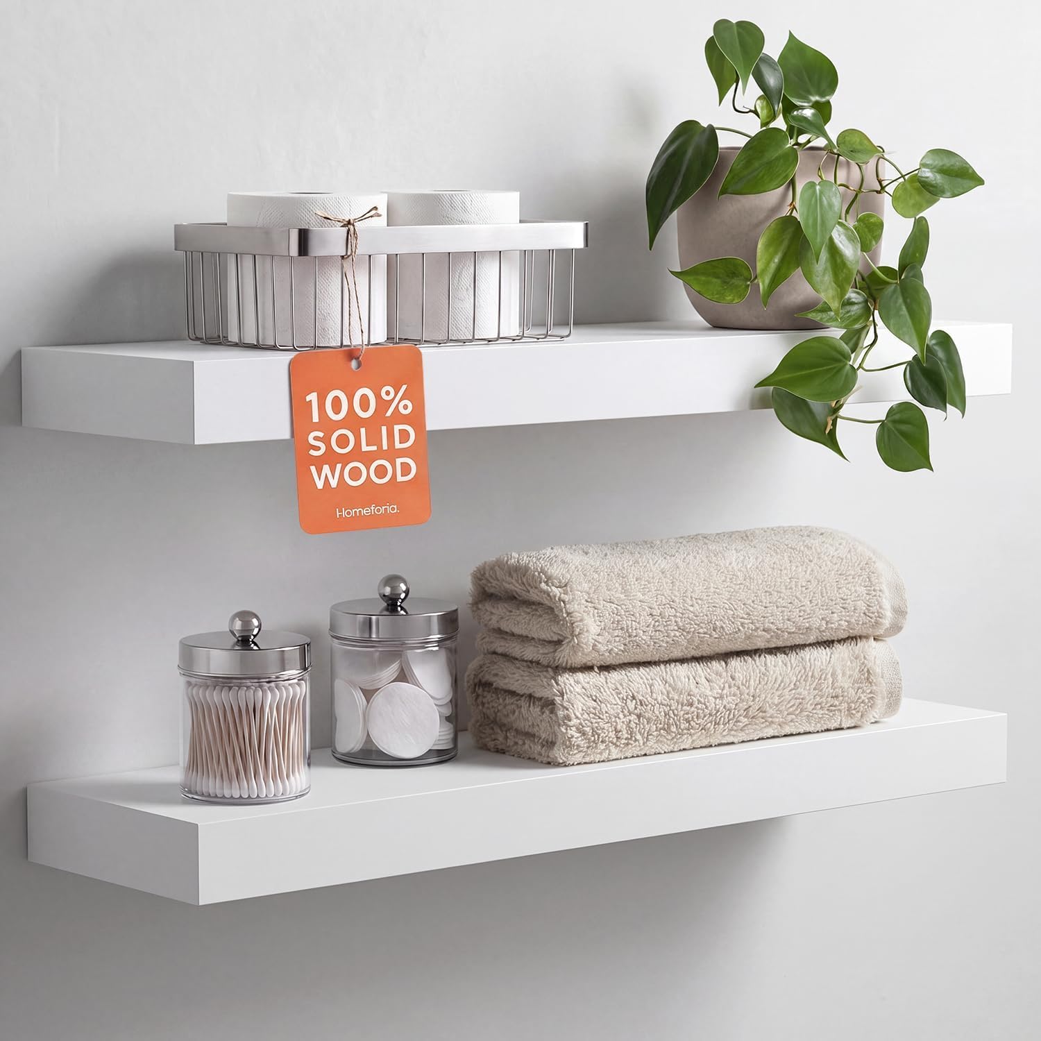 Homeforia front view of two 24-inch white pine shelves showing clean built-in look