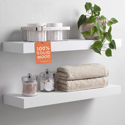 Homeforia front view of two 24-inch white pine shelves showing clean built-in look