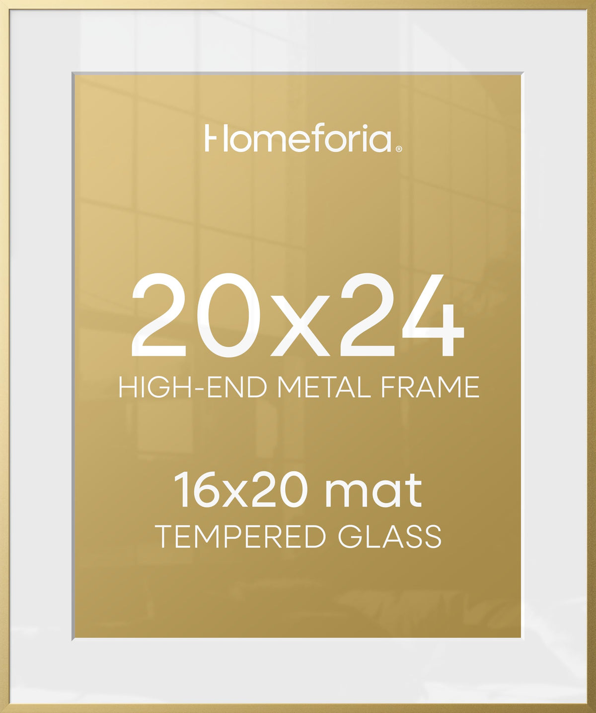 Homeforia gold frame front view showing polished finish and refined silhouette for elegant display