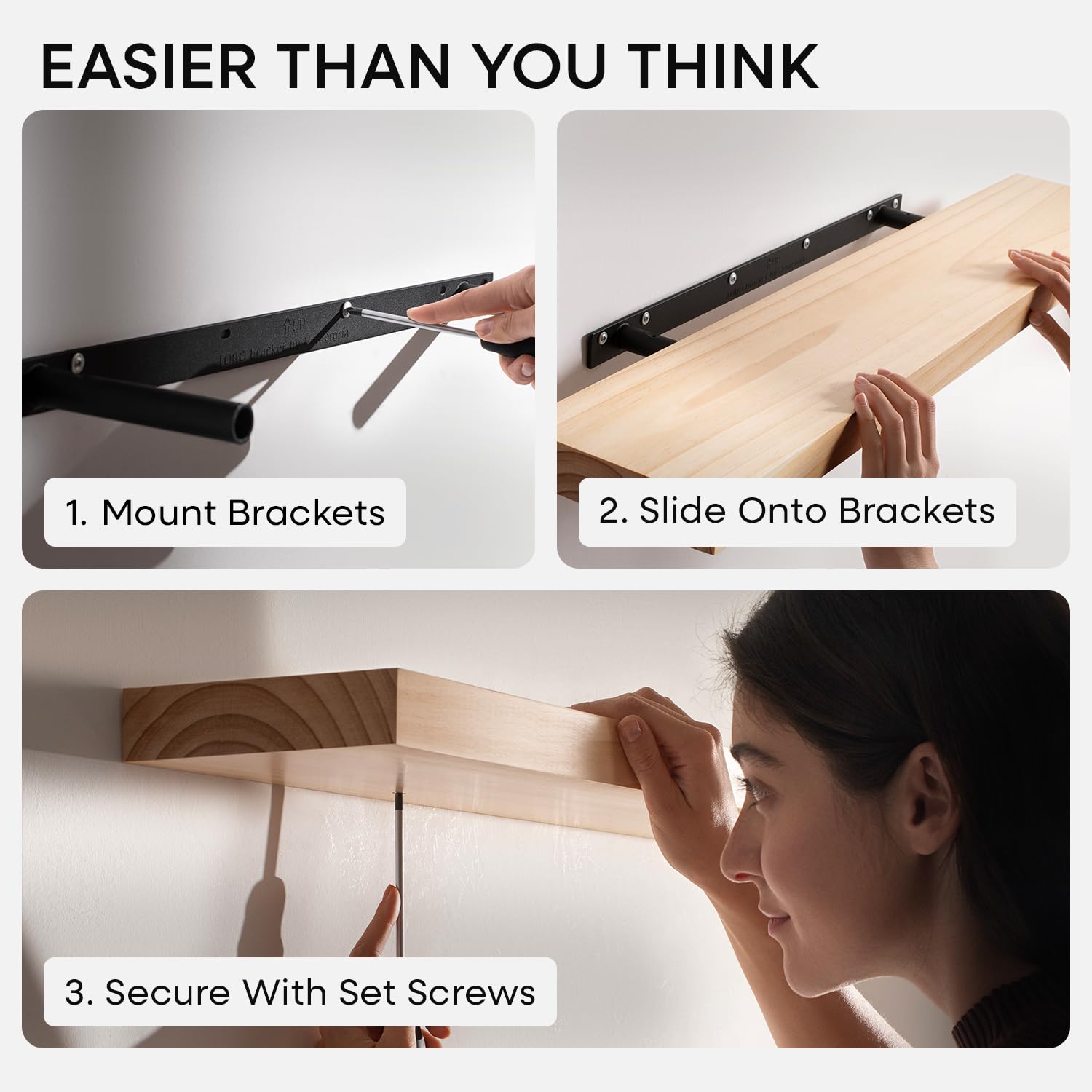 Homeforia internal metal bracket concealed inside shelf illustrating invisible hardware