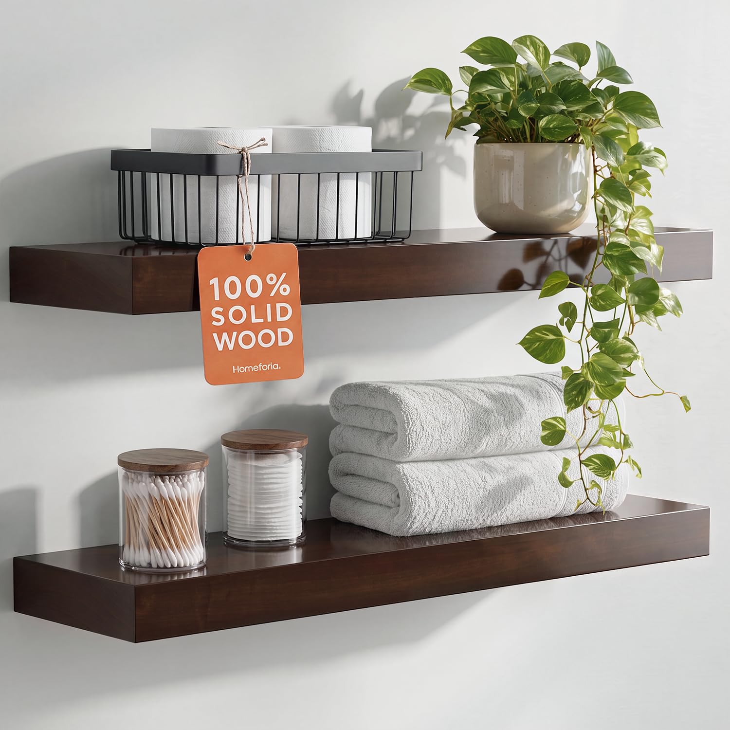 Homeforia shelf front view showing walnut finish and clean edge, enhances room decor