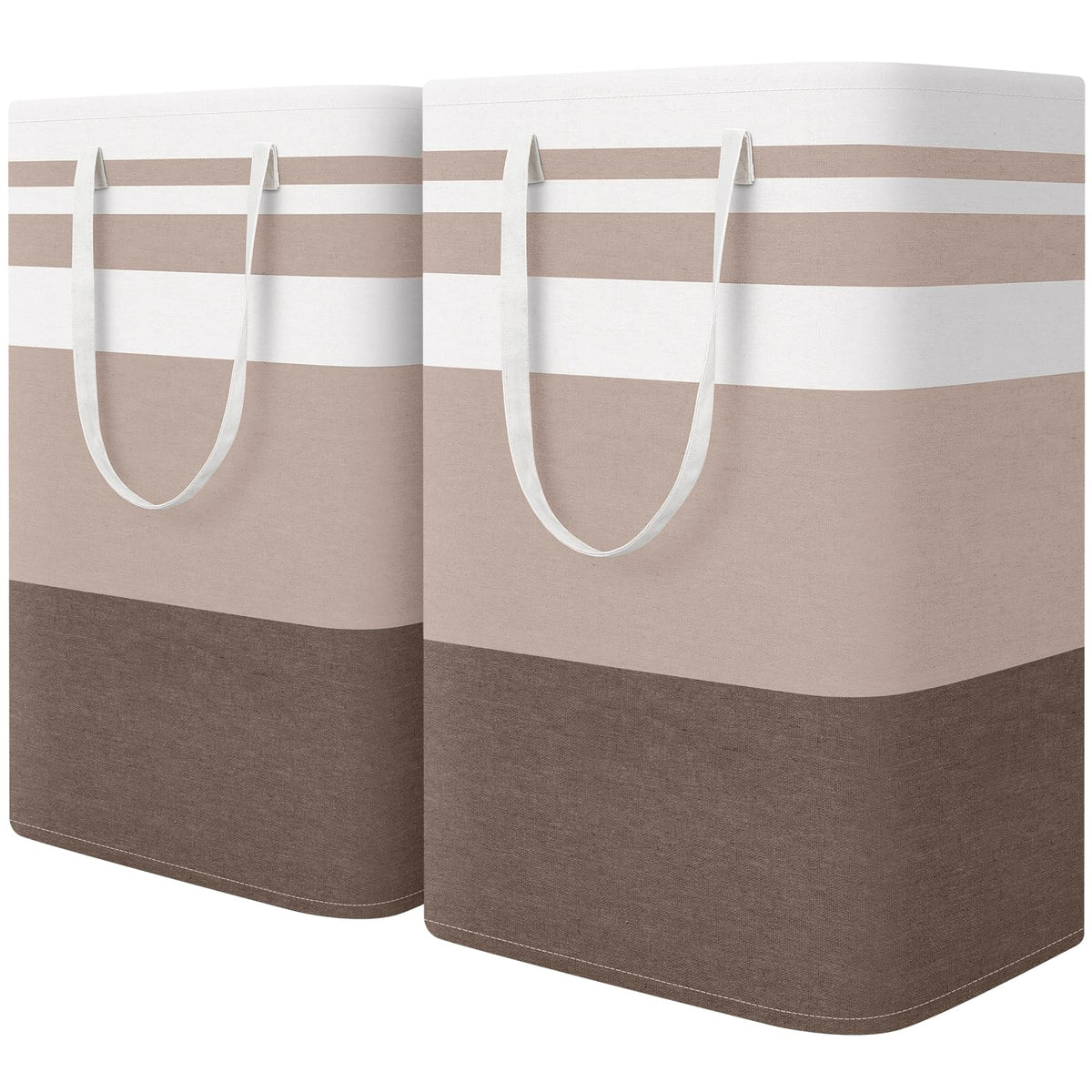 HomeHacks front view of two khaki hampers showing capacity and neutral style