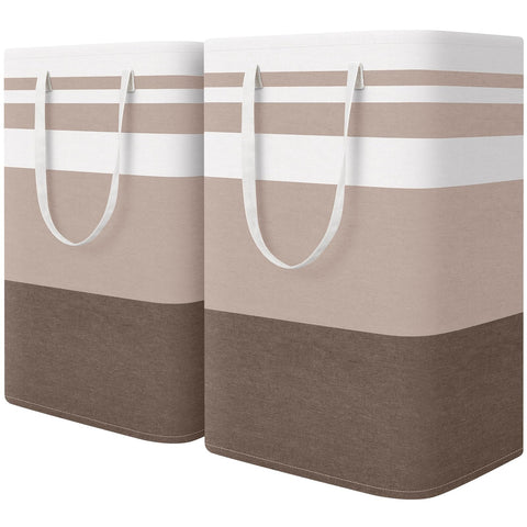 HomeHacks front view of two khaki hampers showing capacity and neutral style