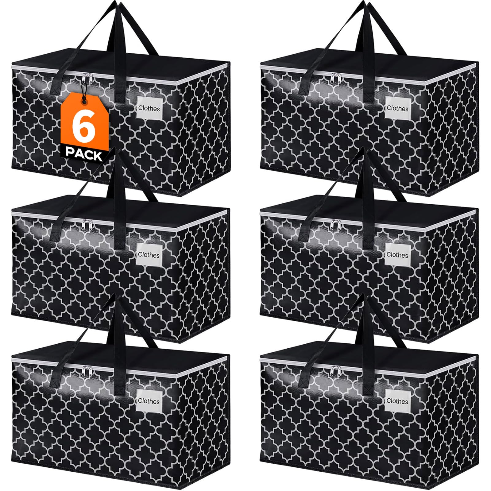 HomeHacks front view showing six black heavy duty moving bags and durability benefit