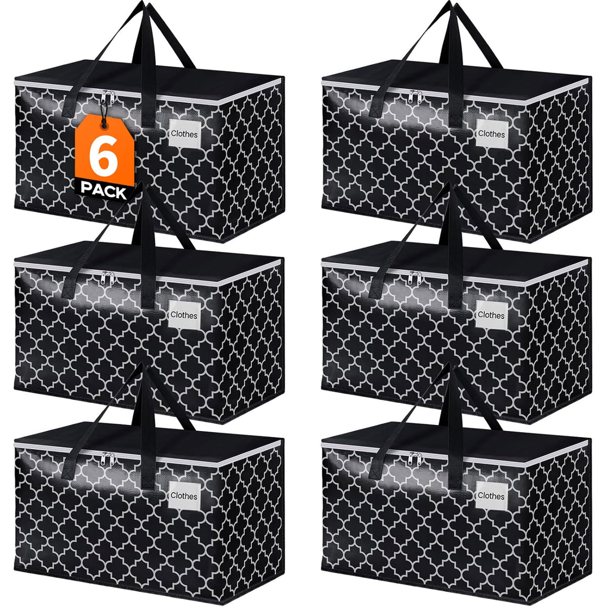 HomeHacks front view showing six black heavy duty moving bags and durability benefit