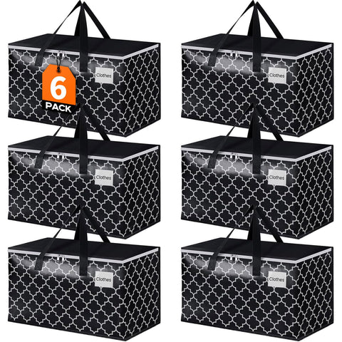 HomeHacks front view showing six black heavy duty moving bags and durability benefit