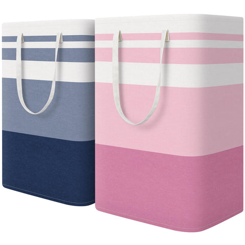 HomeHacks front view of blue and pink 75L hampers showing upright benefit