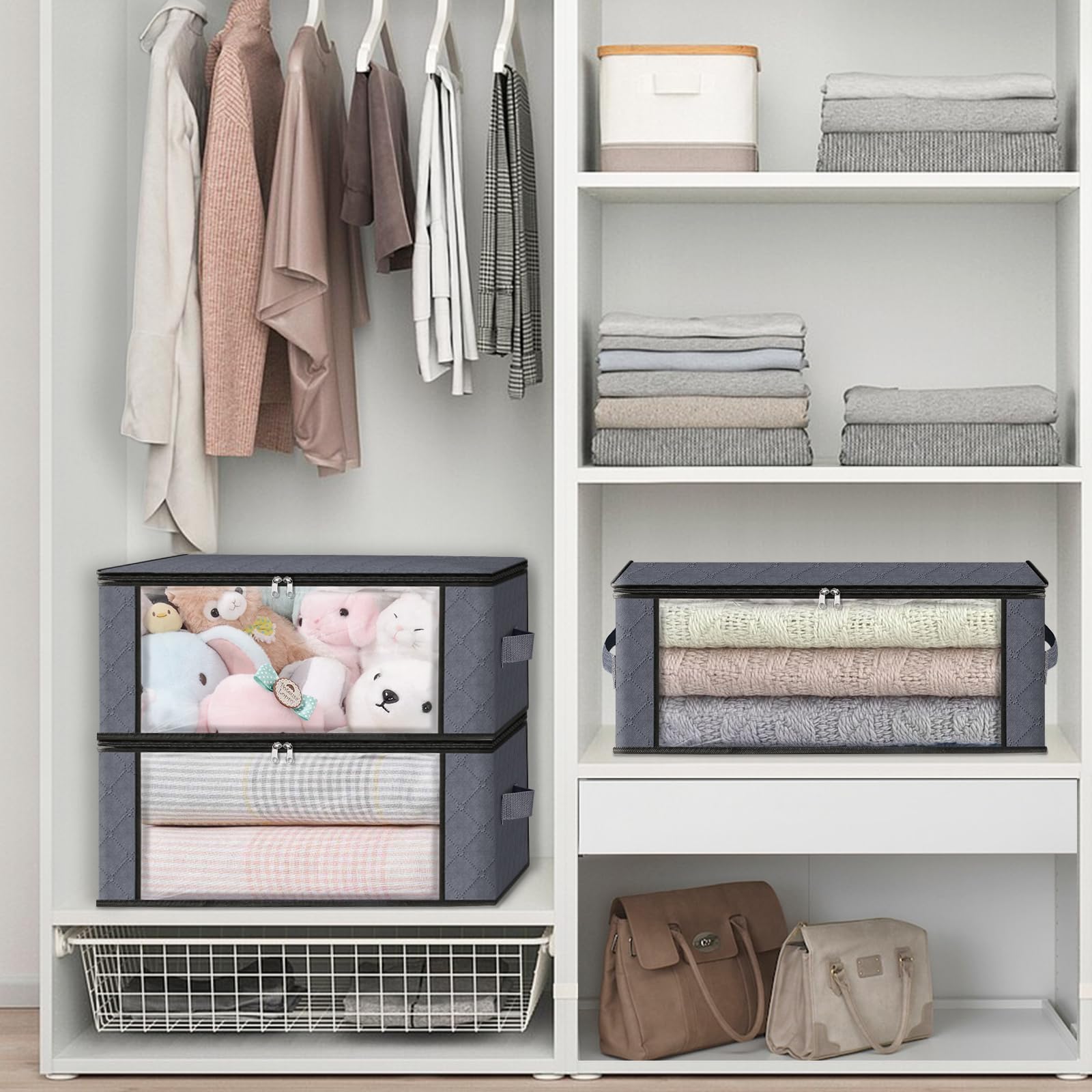 HomeHacks boxes neatly arranged in a closet maximizing shelf organization