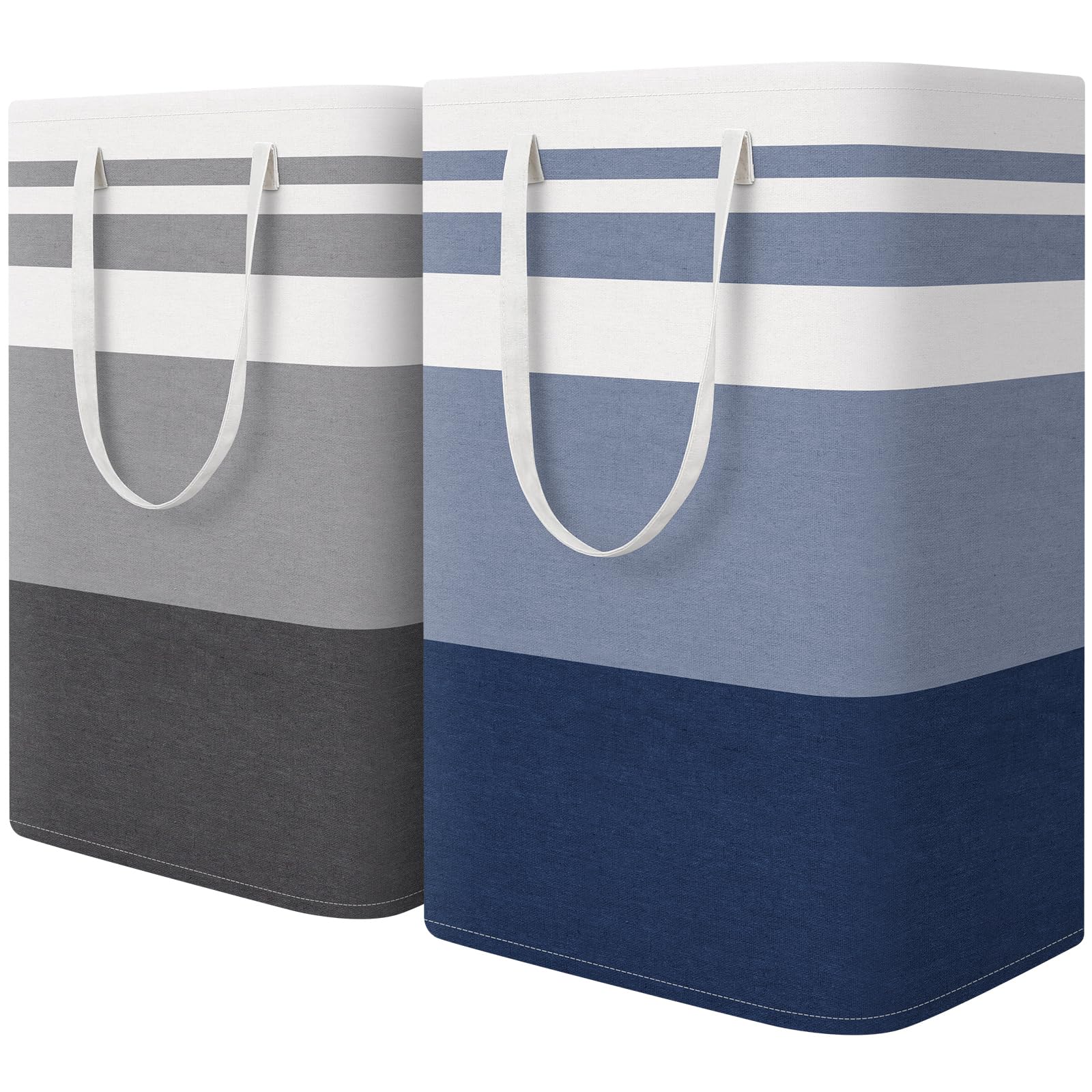 HomeHacks front view of two hampers showing grey and blue colors and roomy capacity