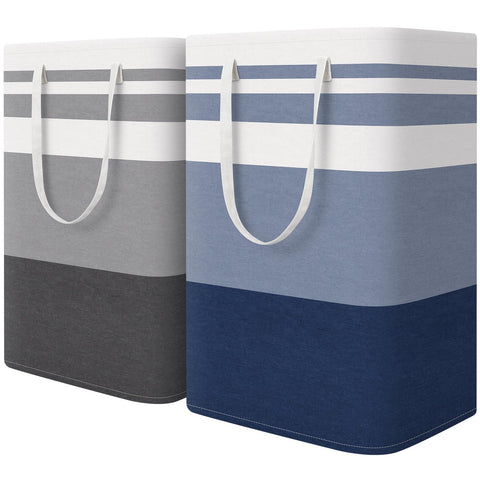 HomeHacks front view of two hampers showing grey and blue colors and roomy capacity