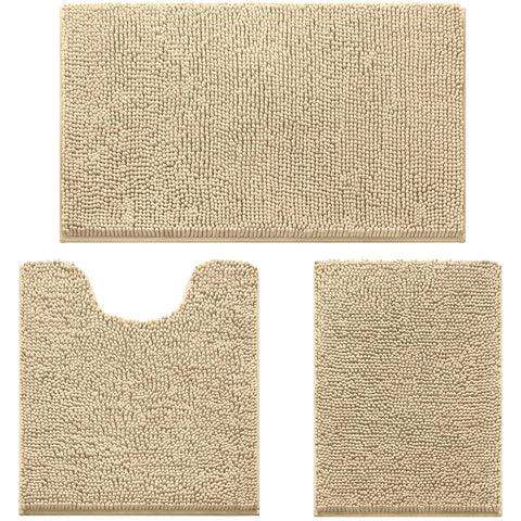 HOMEIDEAS front view of three-piece beige chenille set shows cozy coordinated look and comfort