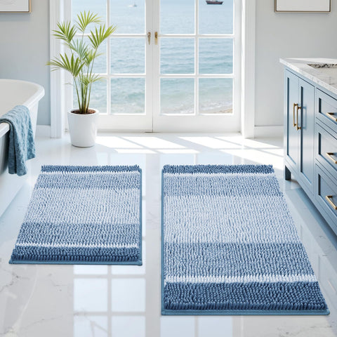 HOMEIDEAS front view of blue striped bath rug set shows cozy look