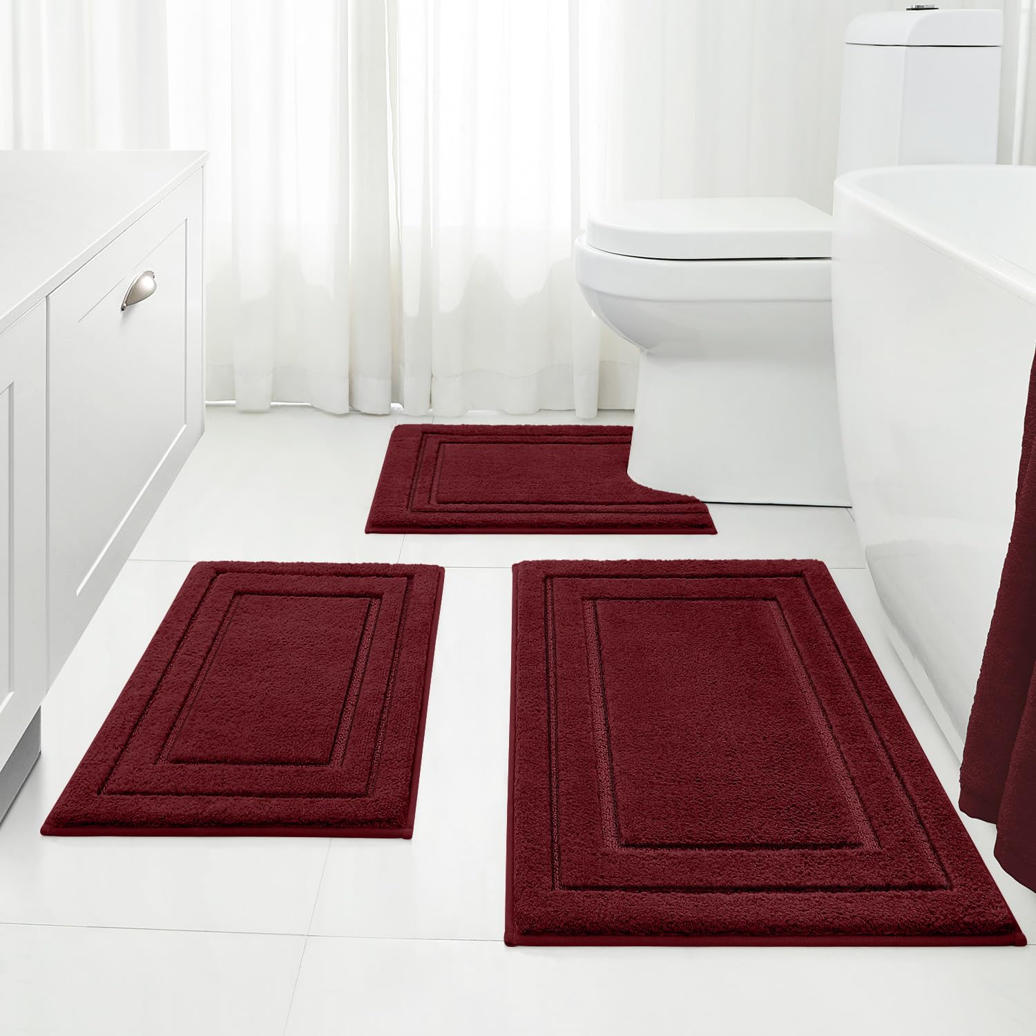 HOMEIDEAS front packaging showing set of three burgundy mats and sizes