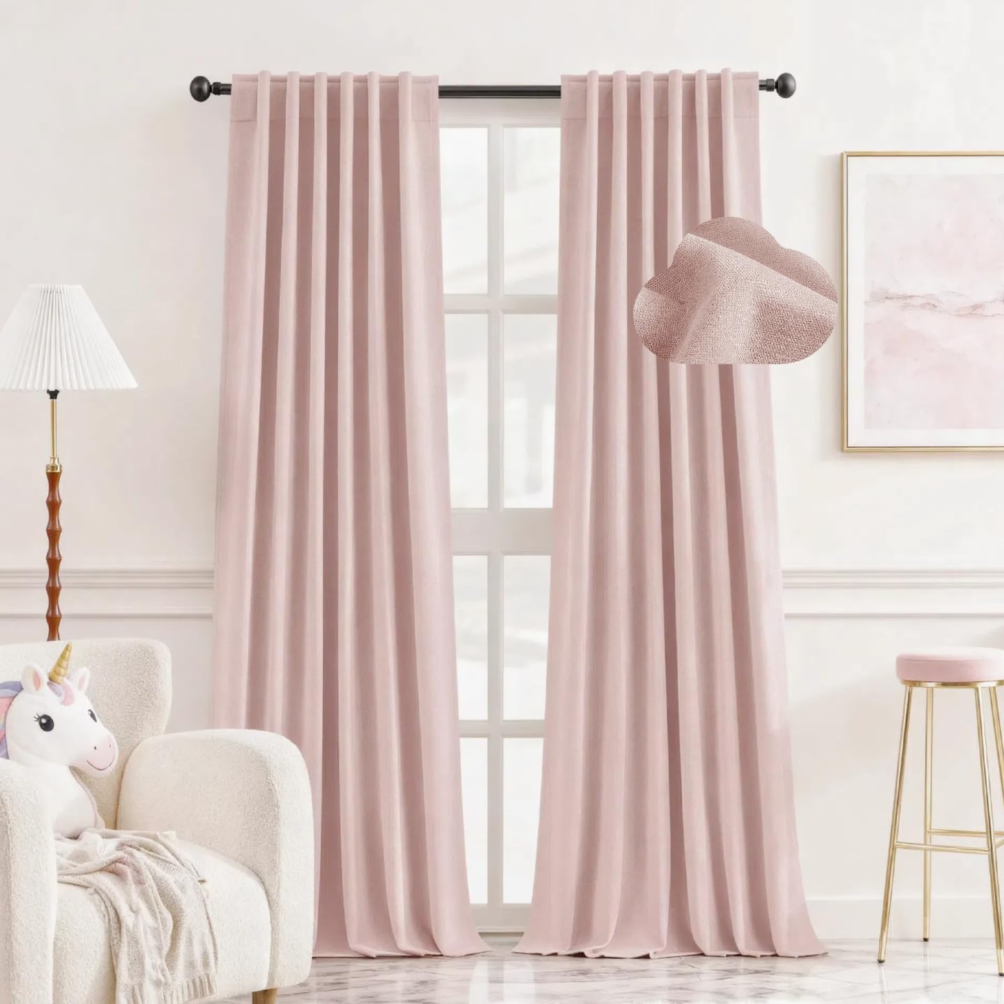HOMEIDEAS front view of light pink chenille curtains showing full blackout benefit