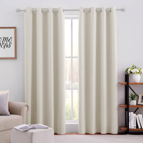HOMEIDEAS front view of cream beige blackout curtains adds privacy