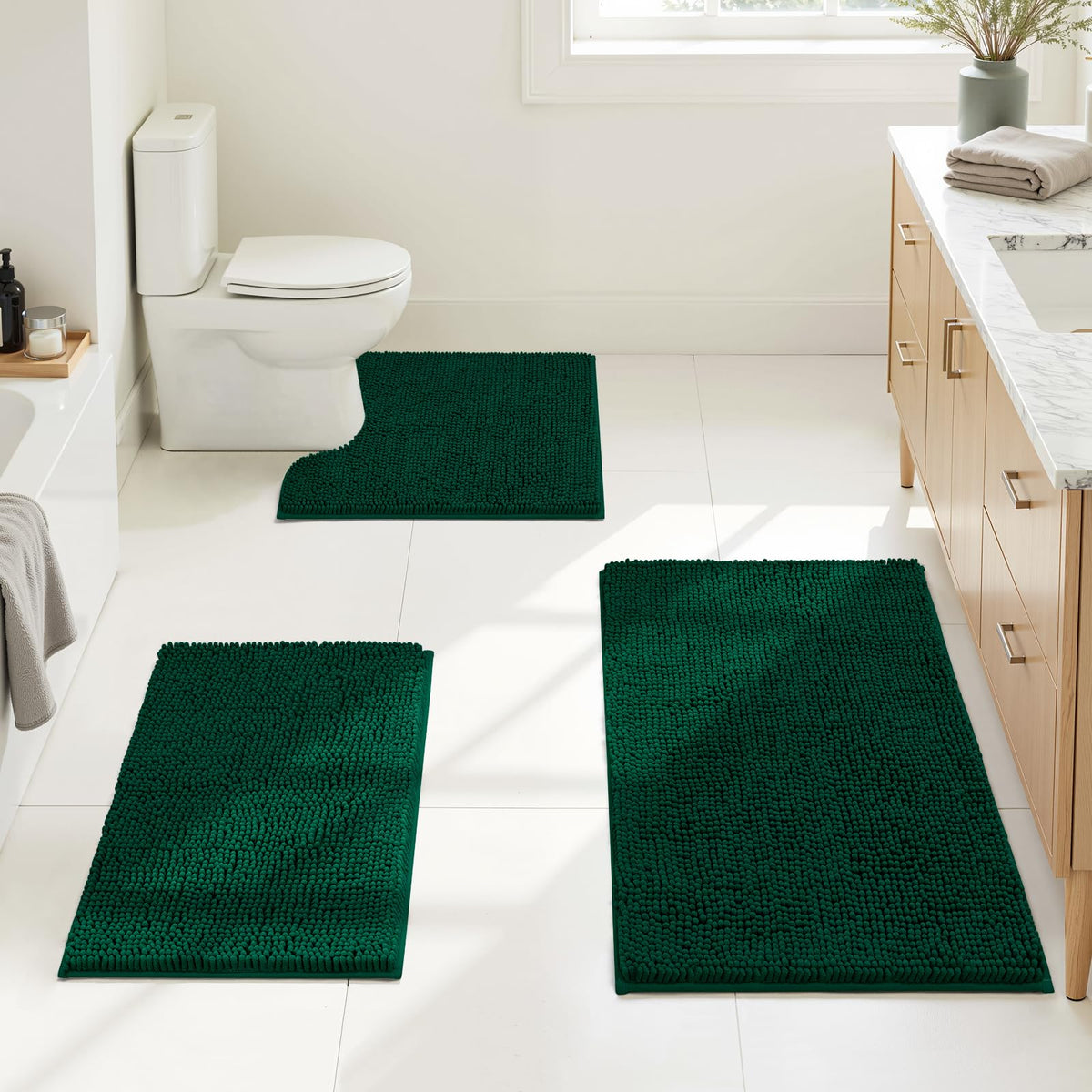 HOMEIDEAS front view of dark green chenille set showing full three-piece layout and coordinated look