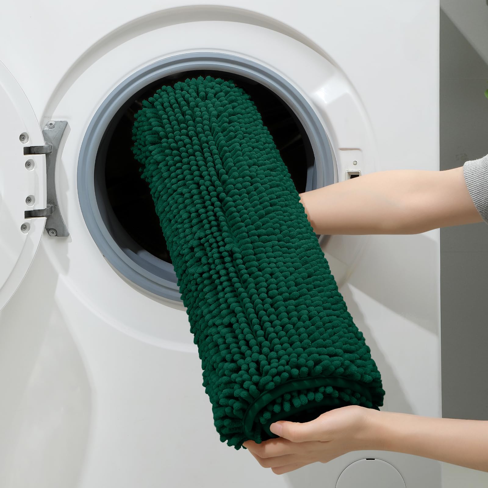HOMEIDEAS dark green rugs styled in bathroom portraying cozy, slip-resistant atmosphere