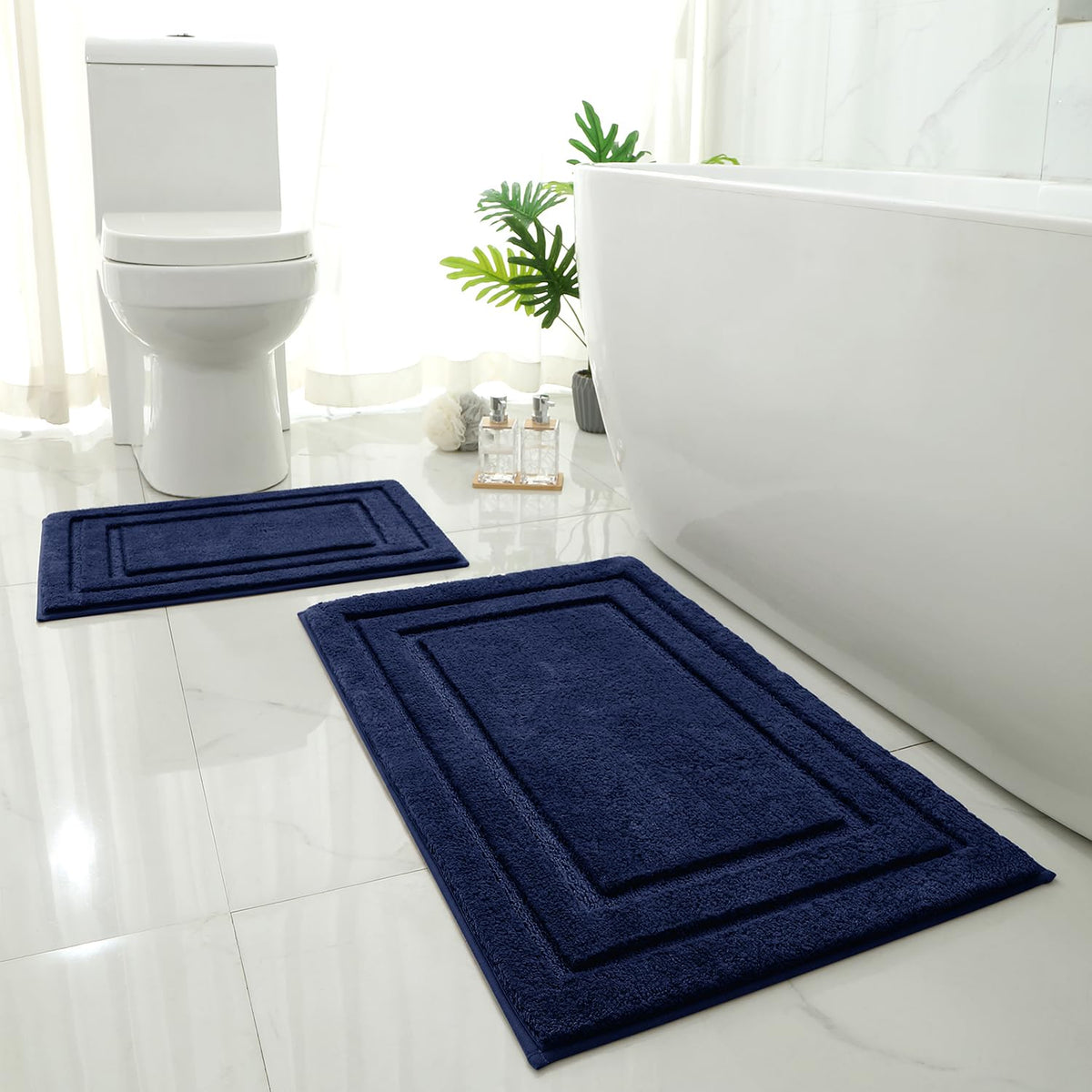 HOMEIDEAS front view of navy blue rug set shows plush comfort and color