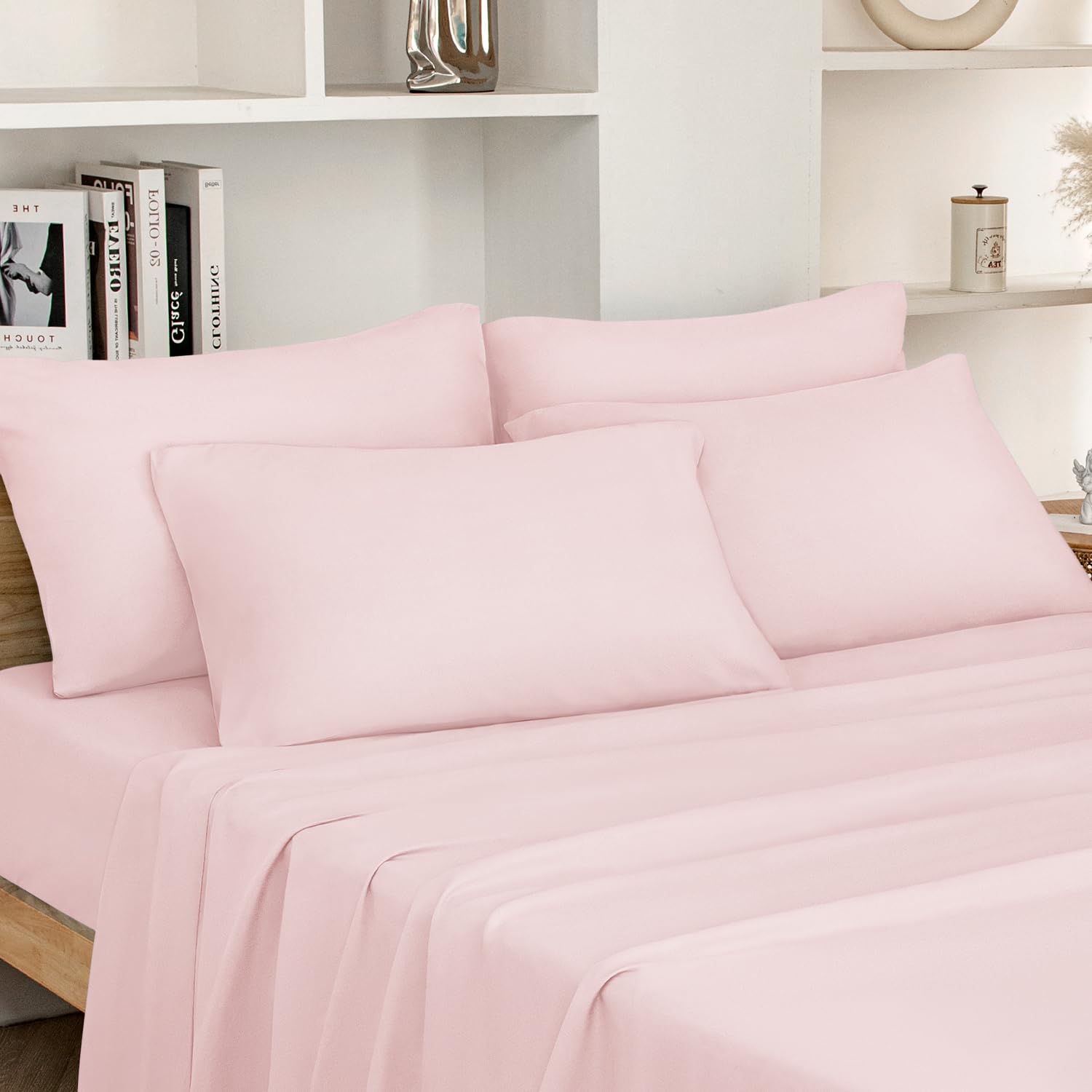 HOMEIDEAS front view of pale pink sheet set showing full packaging and color