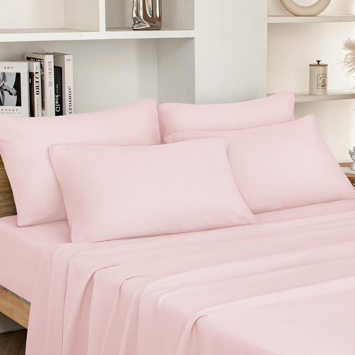 HOMEIDEAS front view of pale pink sheet set showing full packaging and color