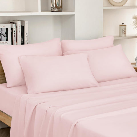 HOMEIDEAS front view of pale pink sheet set showing full packaging and color