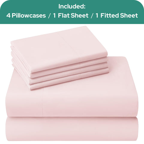 HOMEIDEAS pale pink sheets styled on queen bed for a calming bedroom look