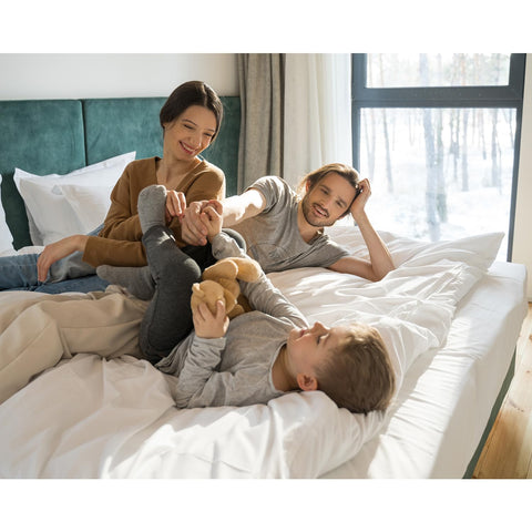 HOMEIDEAS fitted sheet beside ruler showing 15-inch pocket depth for tall mattresses