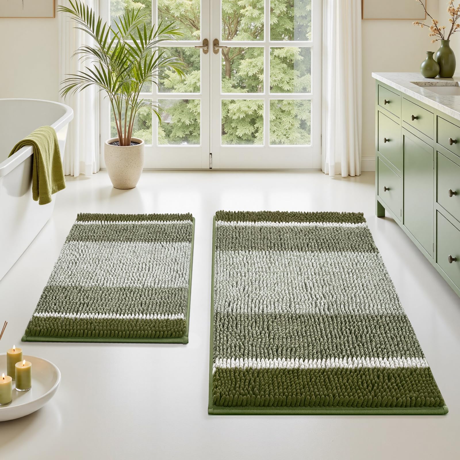 HOMEIDEAS front view of sage green striped rug set showing style and fit