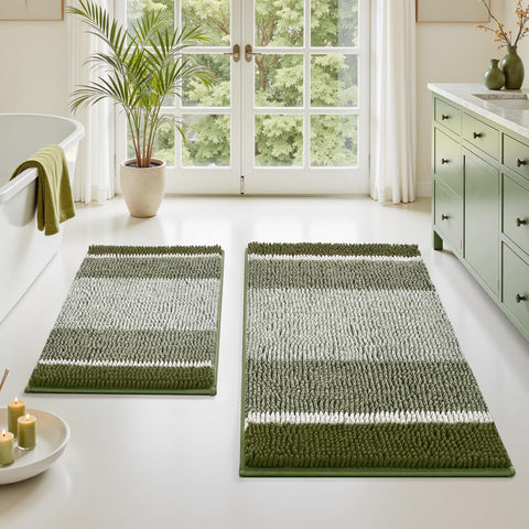 HOMEIDEAS front view of sage green striped rug set showing style and fit