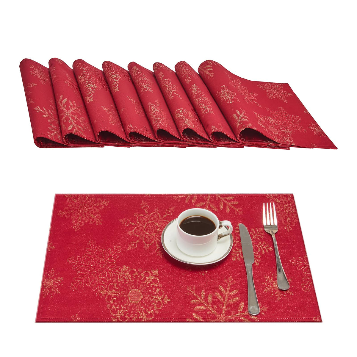HomeJoy front view of red gold placemats showing festive finish and protection