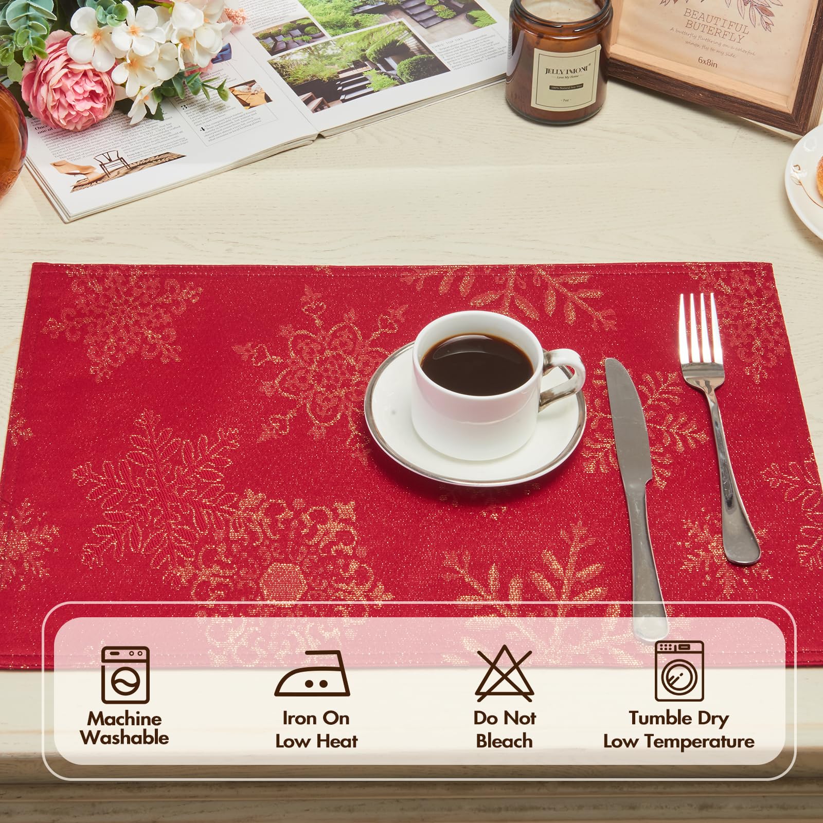 HomeJoy placemat under dinnerware demonstrating elegant table presentation