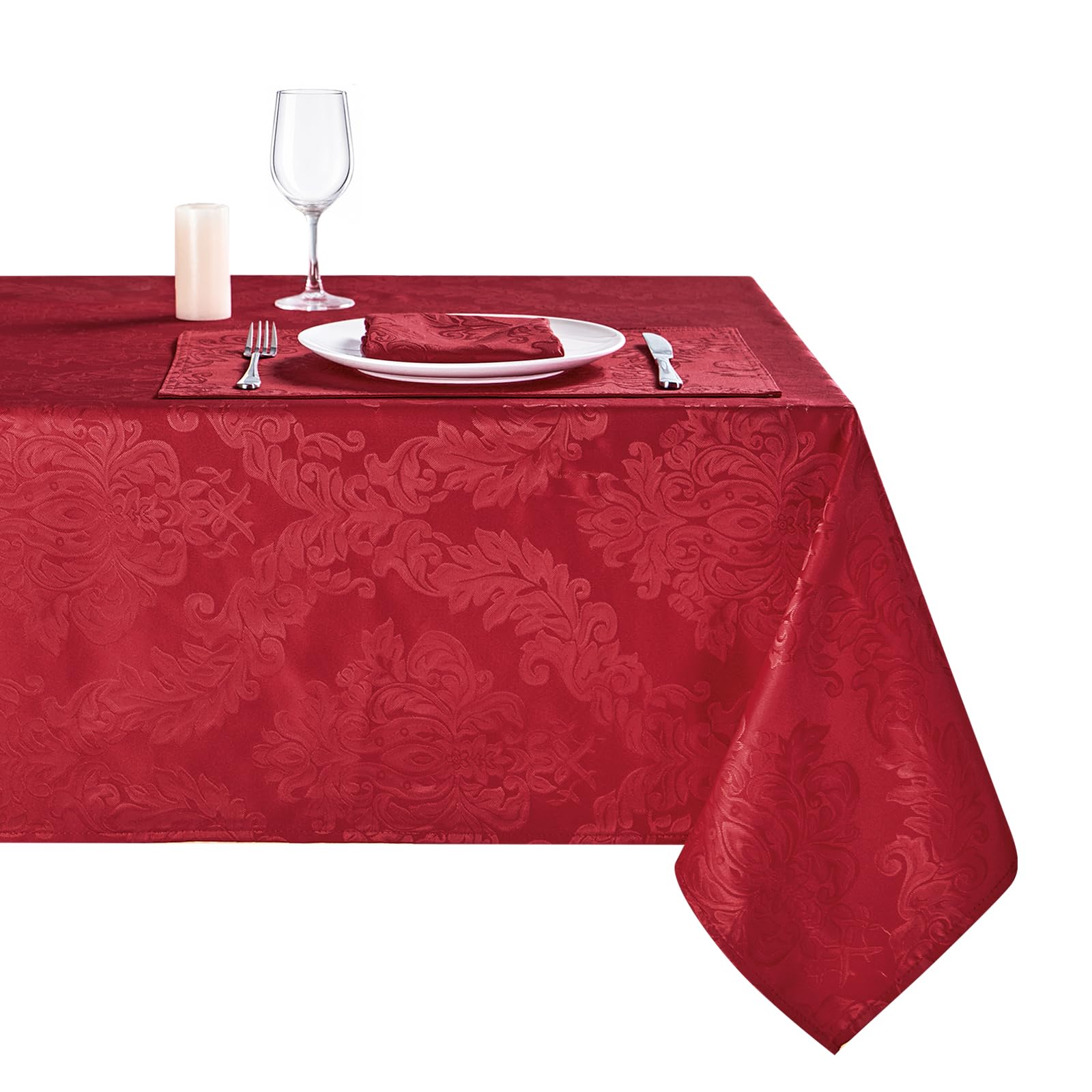 HomeJoy red jacquard front view showing full-length coverage and elegant pattern