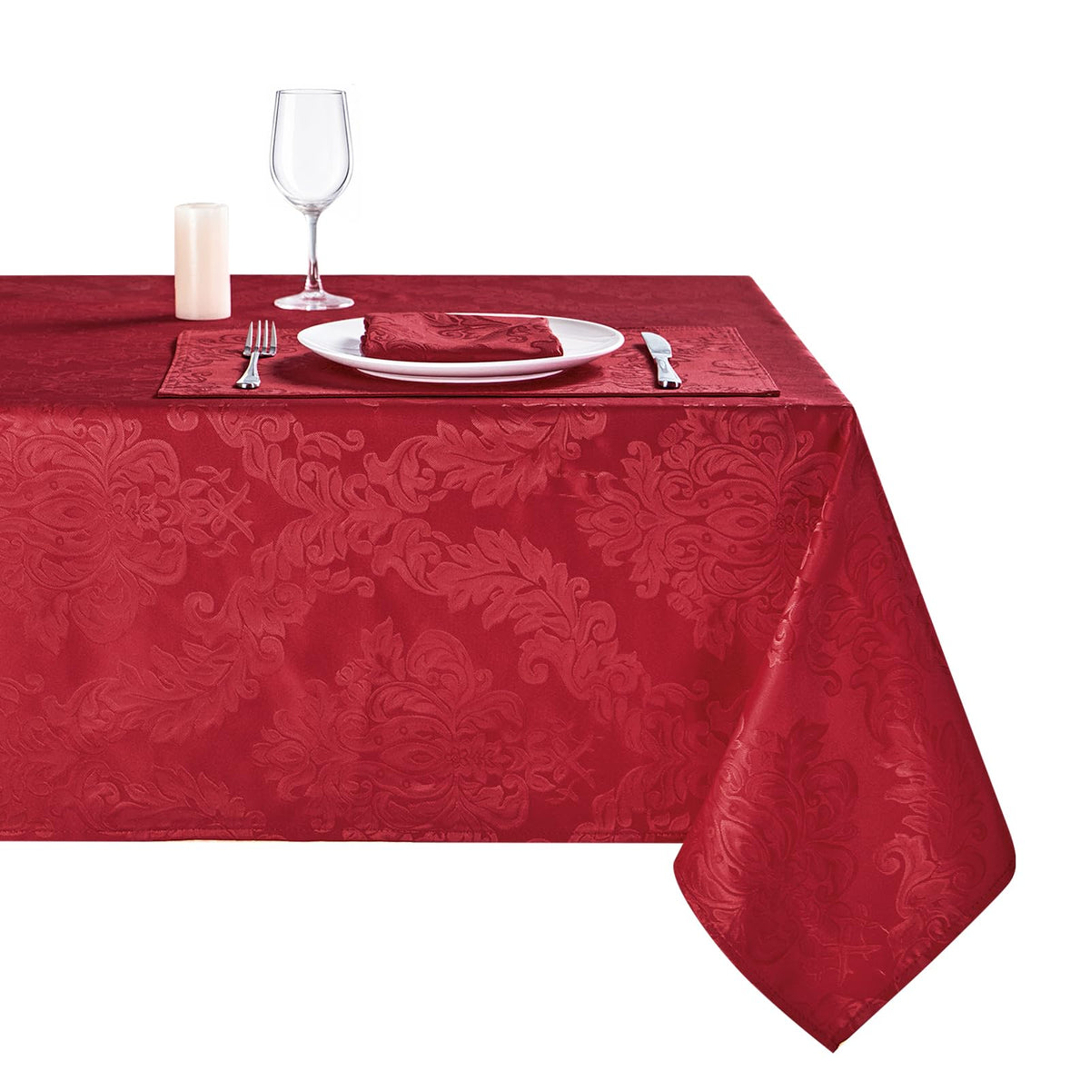 HomeJoy red jacquard front view showing full-length coverage and elegant pattern