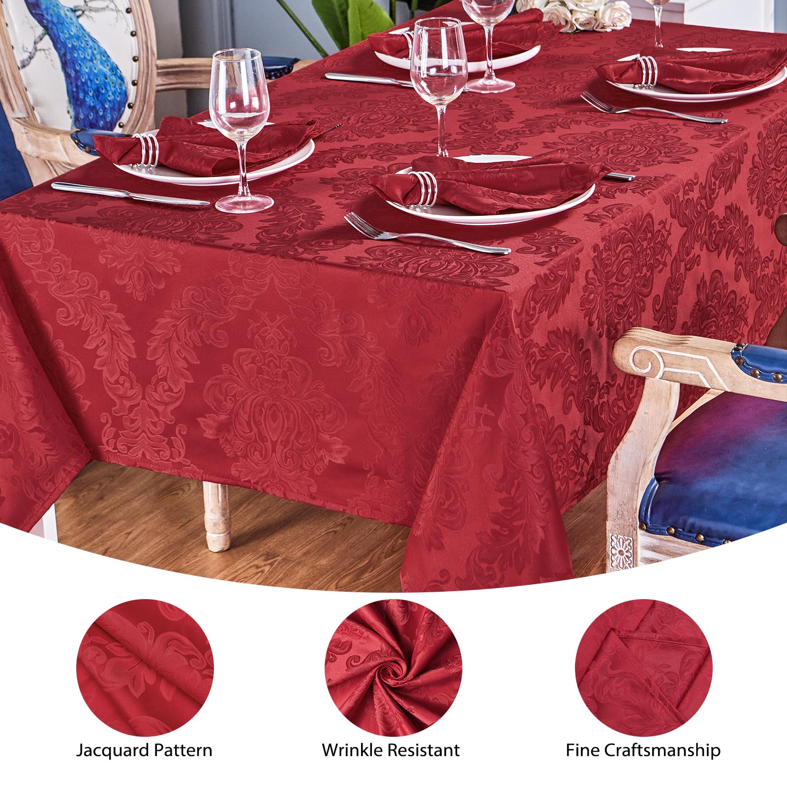 HomeJoy table setting on red jacquard cloth showing festive, easy-care presentation