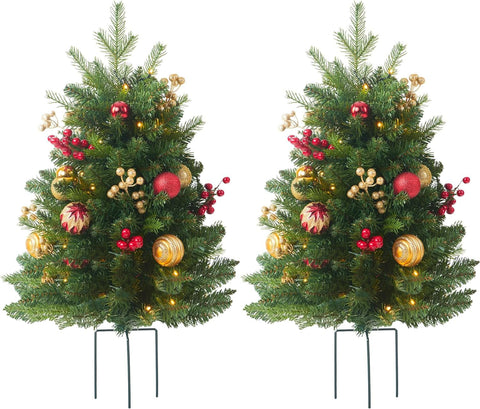 HomeKaren front view of full 30-inch prelit tree showing festive red and gold accents and benefit of instant decor