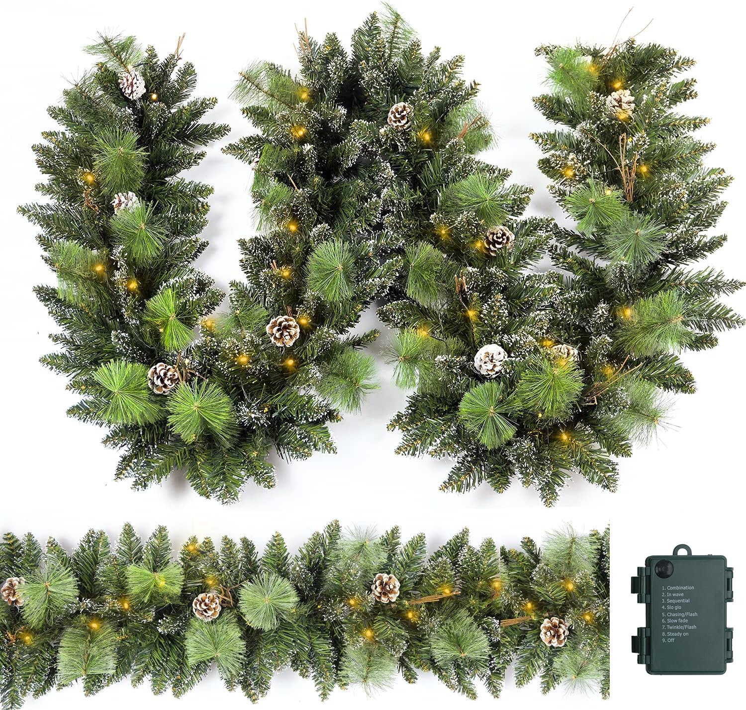 HomeKaren garland front view showing full 9 ft length and snowy pine detail, enhances holiday decor